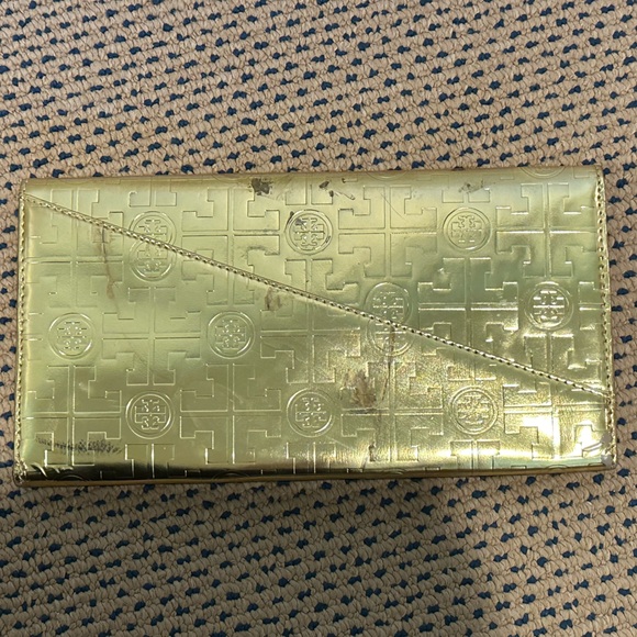 TORY BURCH Trifold Metallic Gold Logo Envelope Clutch W Blue Suede Lining 9x4.5 - Picture 6 of 6